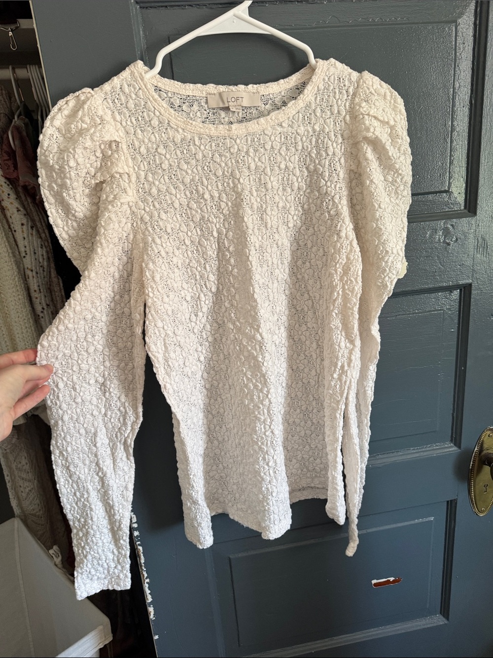 LOFT Ivory Textured Puff-Sleeve Long Sleeve Top